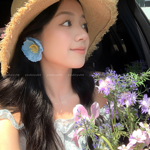 耳边绽放~度假氛围感蓝色夸张花朵耳环女2026年新款小众设计耳饰