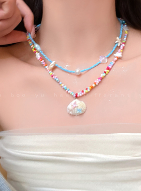 多巴胺夏日串珠贝壳项链小众独特设计感海边度假风锁骨链颈链配饰