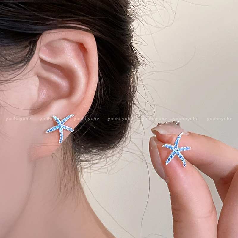梦幻海洋~蓝色锆石海星耳钉女2025新款高级感耳环海边度假风耳饰