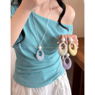 春日焕彩~蓝色椭圆吊坠项链女轻奢高级感长款毛衣链小众挂脖配饰