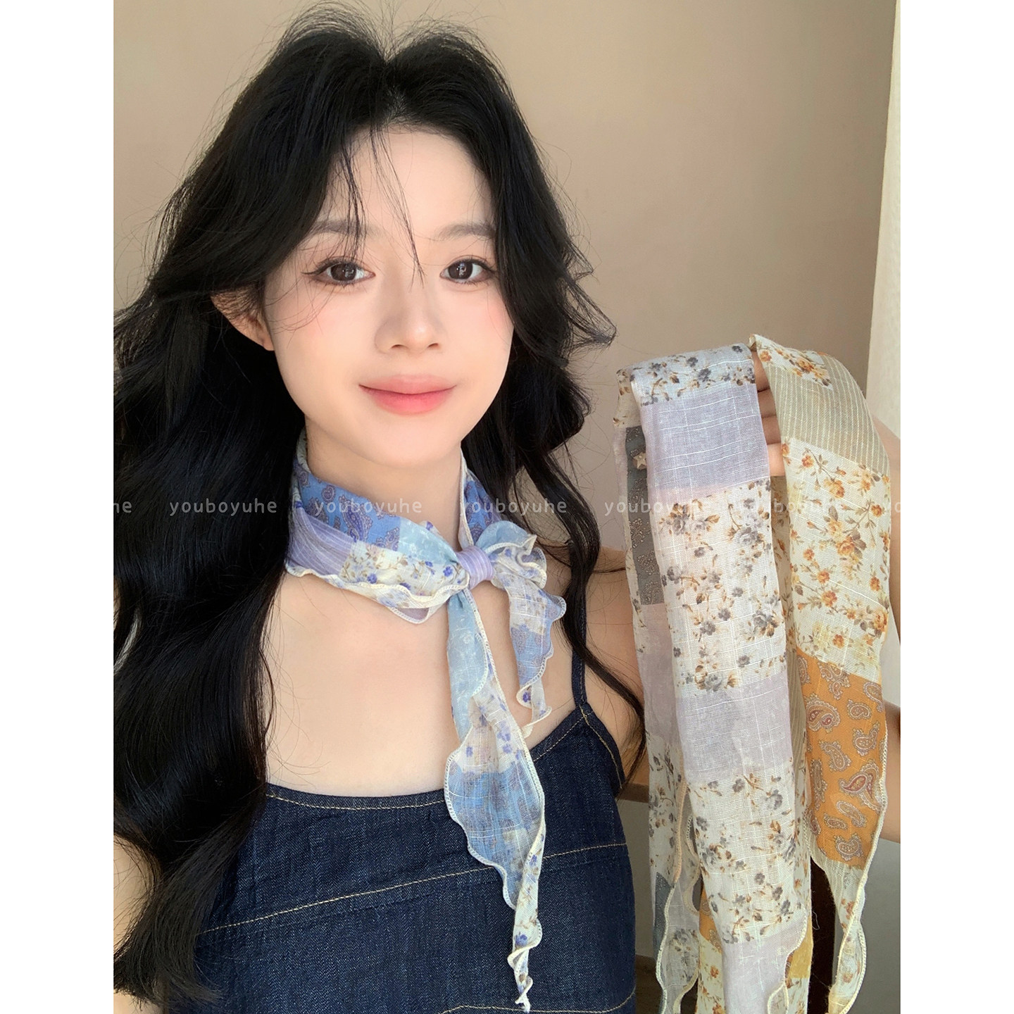 文艺复古碎花拼接系脖三角巾头巾图片