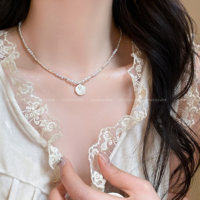 碎银子珍珠花朵吊坠锁骨链项链女