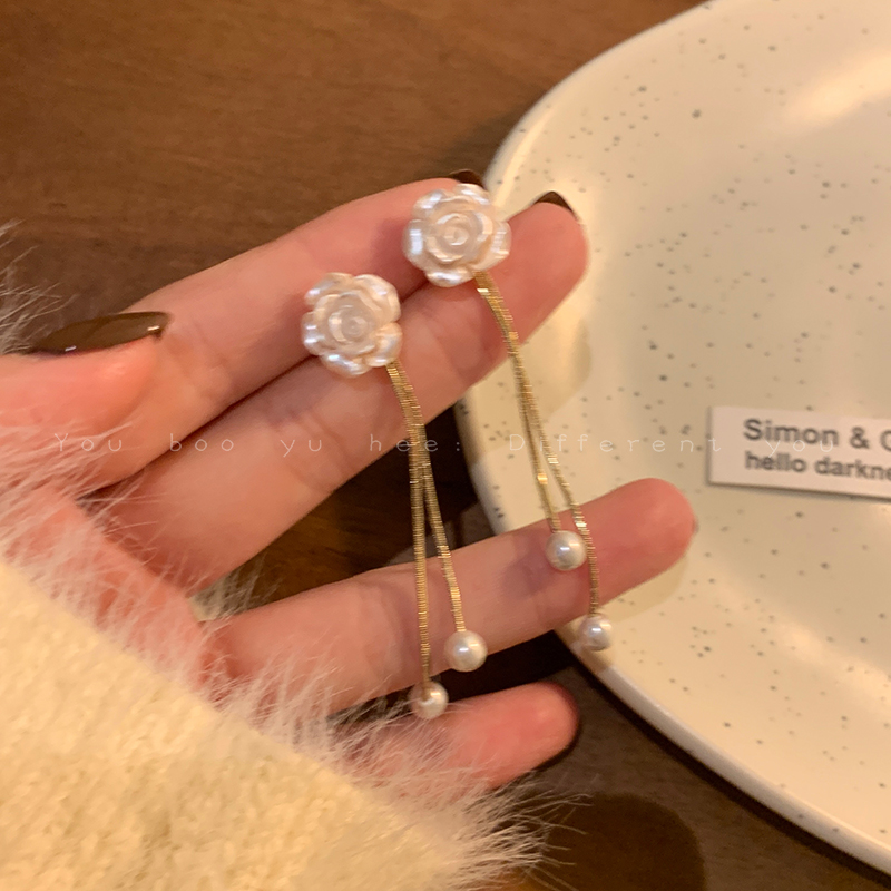 法式珍珠花朵长款流苏耳环女