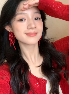 新年红色串珠流苏耳环女2026新款显脸小气质耳钉显白复古长款耳饰