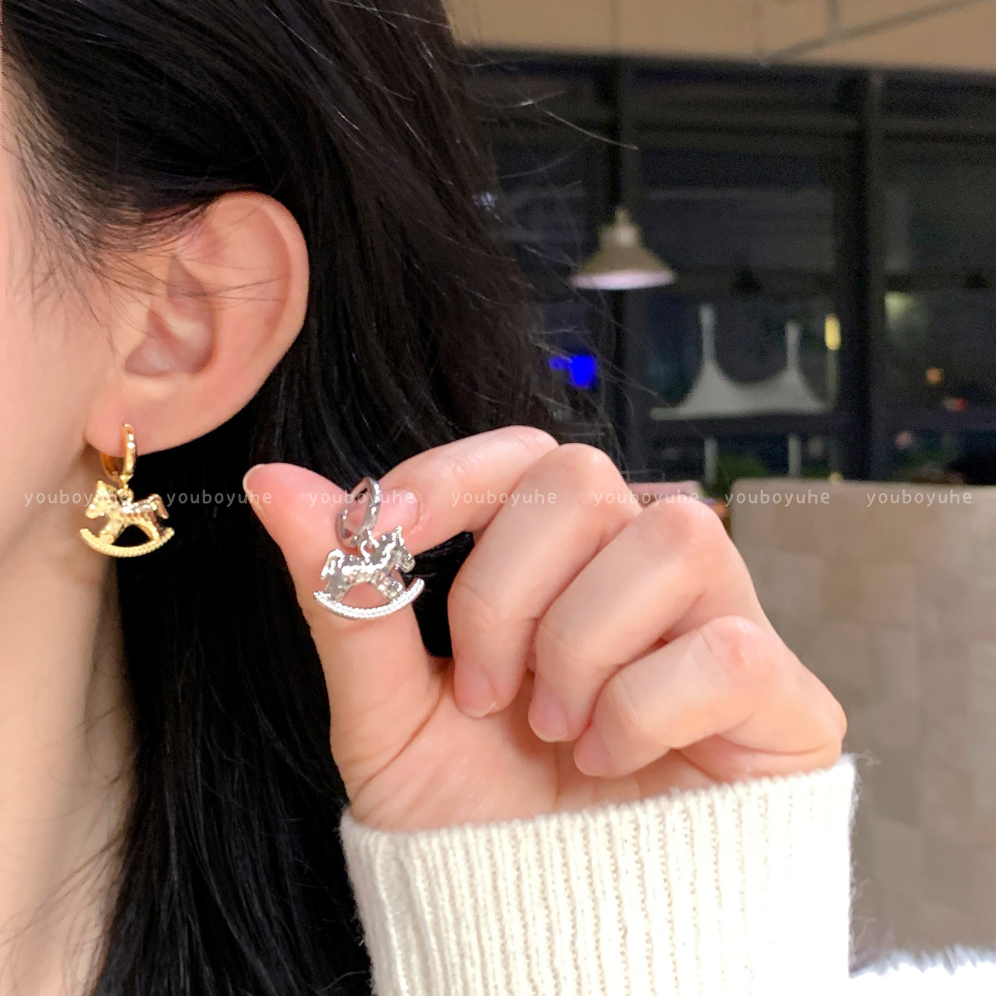 超好看！碎冰冰木马耳环女冬季独特漂亮吊坠耳扣2025新款高级耳饰,饰品/流行首饰/时尚饰品新,耳环,淘宝优惠券,粉丝福利购,淘宝优惠卷