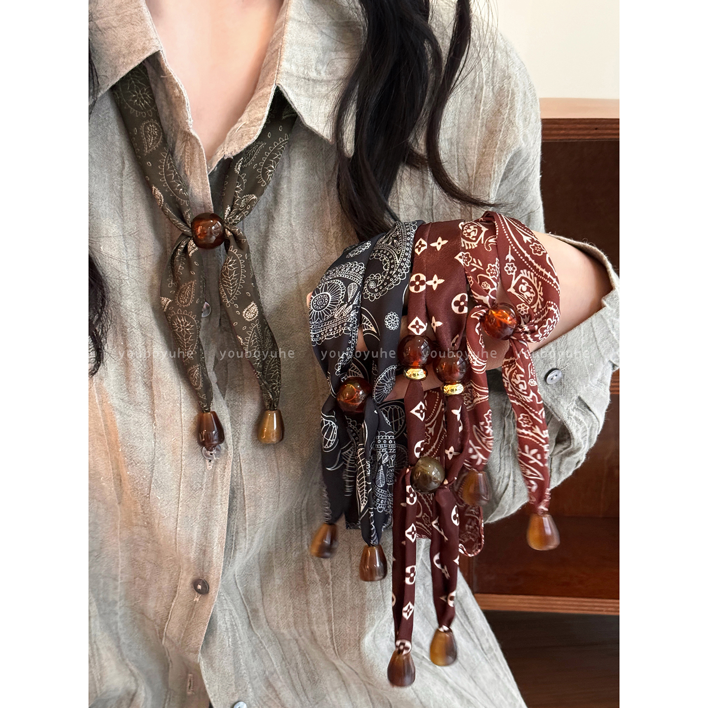 复古腰果花串珠高级感丝巾项链