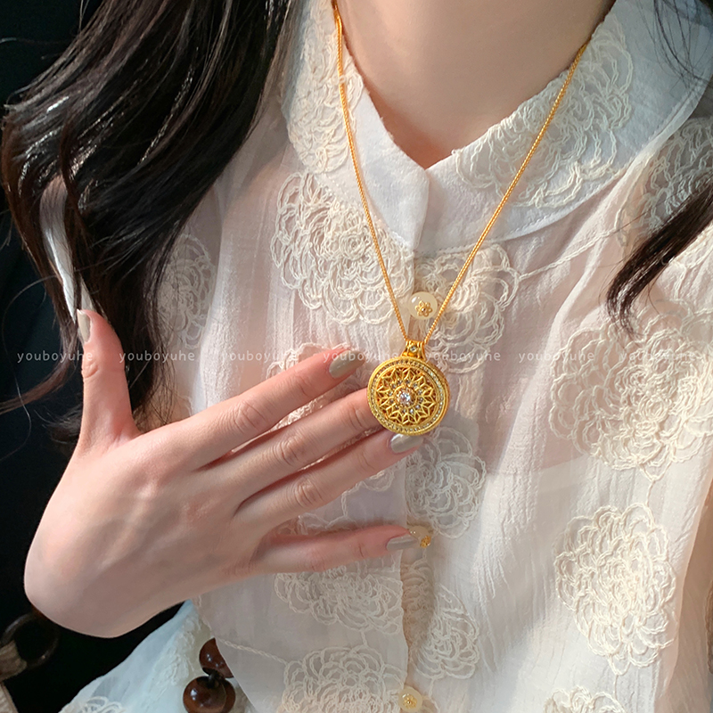 高品质玫瑰花窗罗盘吊坠项链女古法沙金不掉色精致挂脖锁骨链配饰