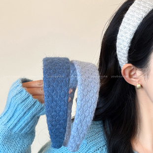 韩系蓝色菱格宽边发箍女秋冬高颅顶压发头箍日常通勤洋气百搭头饰