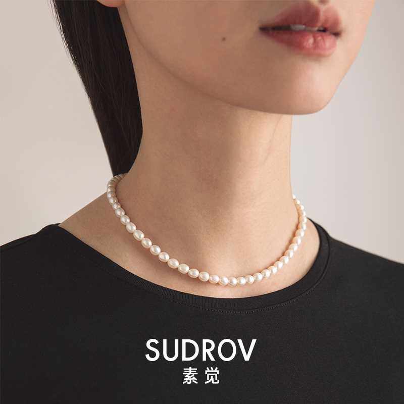 素觉小众纯银高级感淡水米粒珍珠项链巴洛克颈链女叠戴夏季锁骨链