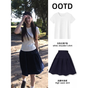 藏蓝色半身裙女夏季a字半裙中裙日系古早日杂风穿搭五分裙短裙子