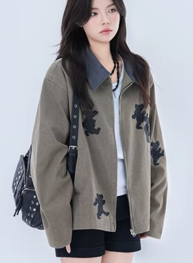 灰色翻领小熊拉链毛衣开衫男女外套2025秋装新款韩版针织夹克外套