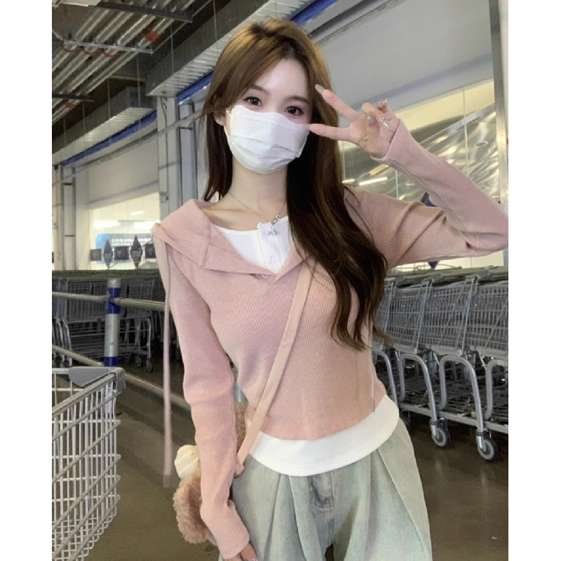 设计感别致修身撞色假两件连帽上衣2024秋季新款长袖抽绳内搭T恤