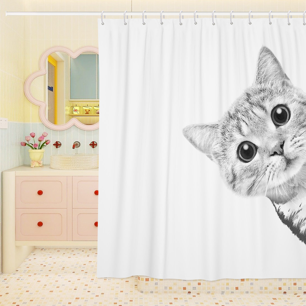 浴帘防水卡通可爱猫咪厕所卫生间浴室洗澡挡水免打孔隔断帘套装