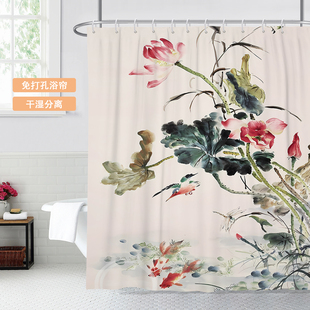 中式国画山水花鸟防水加厚浴帘防霉厕所门帘防霉窗帘隔断洗澡挂帘