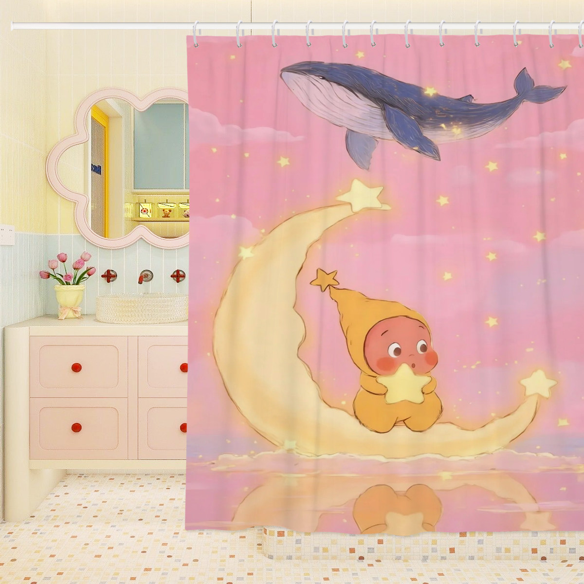 星星人卡通可爱卫生间浴室浴帘隔断帘浴室帘防水防霉防水布高档帘