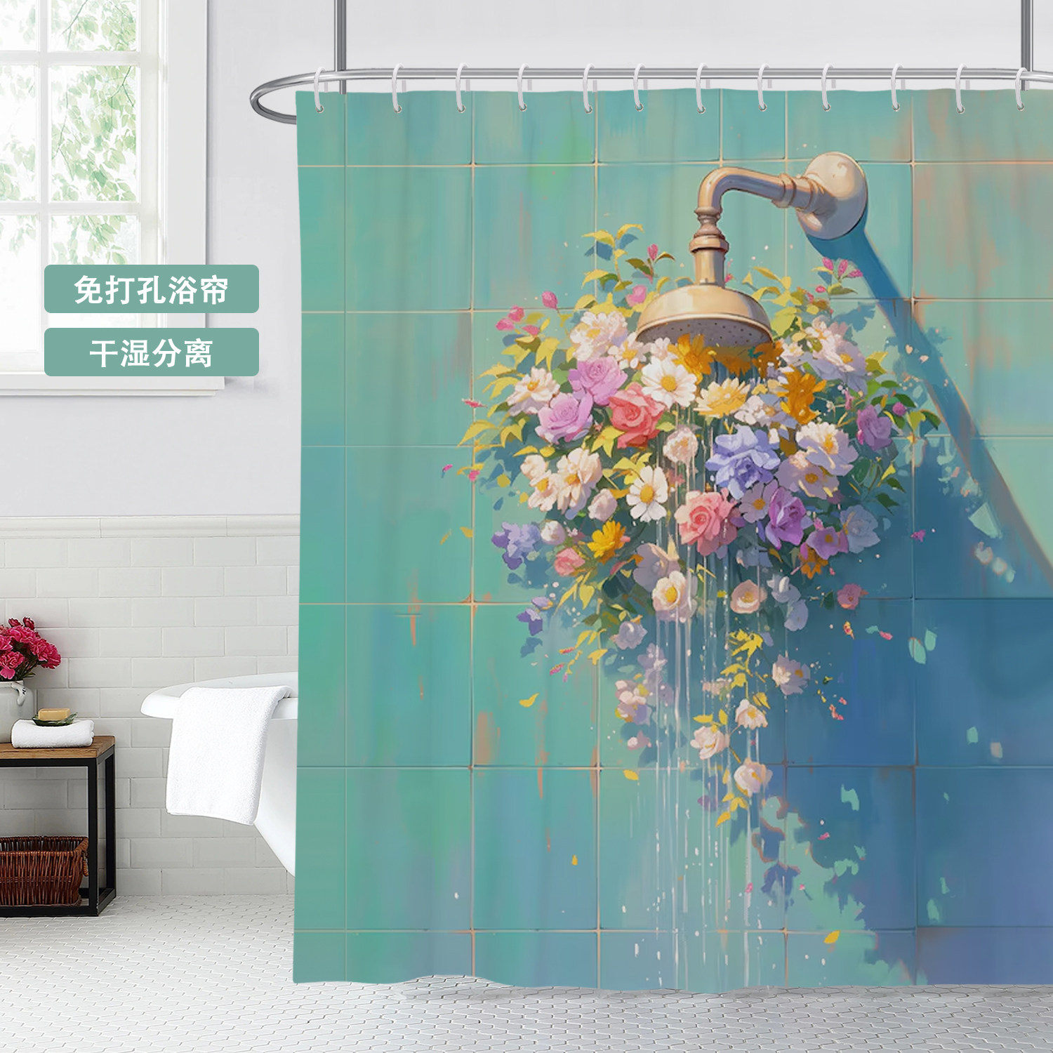 简约花洒卫生间浴室涤纶浴帘隔断帘浴室帘防水防霉加厚防水布挂帘