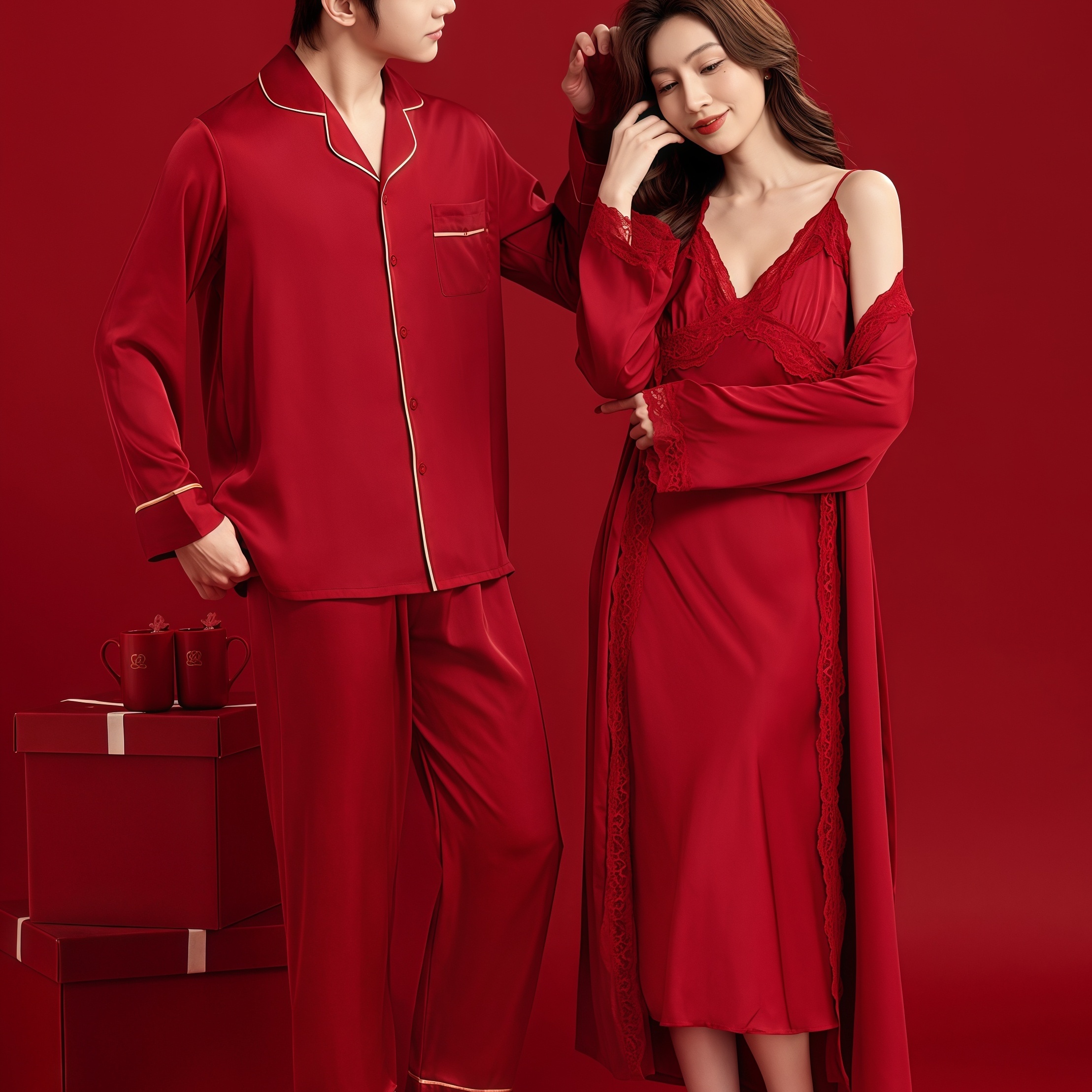 红色真丝睡衣情侣套装