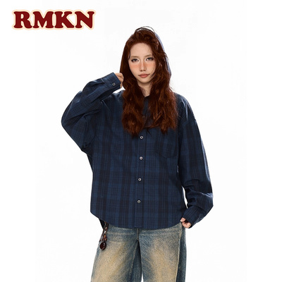 RMKN美式复古格子衬衫外套长袖休闲衬衣短袖夏痞帅防晒连帽