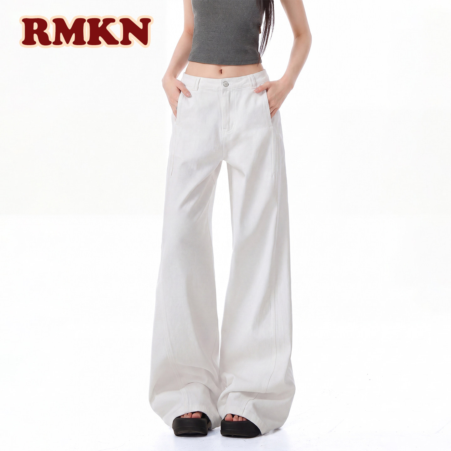 RMKN白色牛仔裤女水洗宽松垂感复古高级感显瘦阔腿弯刀裤子女图片