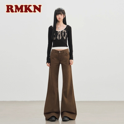 RMKN美式复古咖色微喇叭牛仔裤女秋季新款辣妹垂感显瘦长裤子