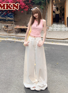 RMKN白色阔腿牛仔裤女2025新款高腰显瘦宽松慵懒休闲垂感拖地裤子