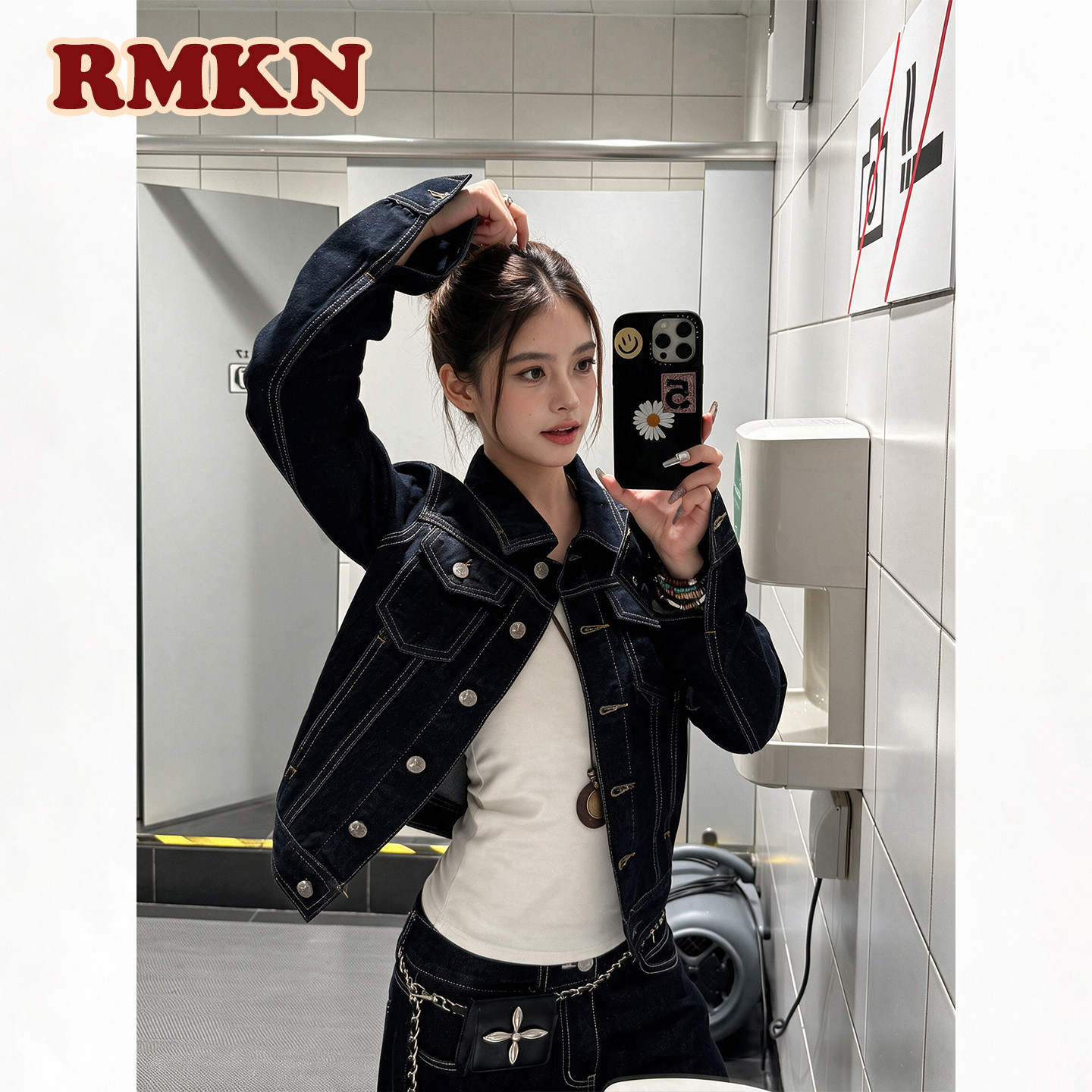 RMKN美式复古解构质感牛仔外套秋季辣妹修身显瘦简约百搭短款夹克