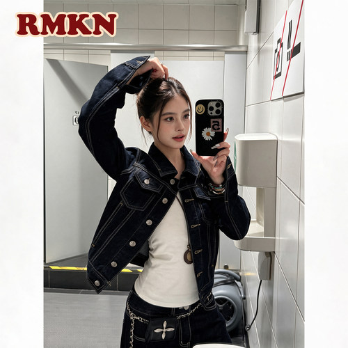 RMKN美式复古解构质感牛仔外套秋季辣妹修身显瘦简约百搭短款夹克