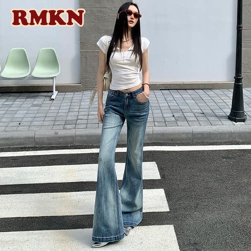 RMKN低腰微喇牛仔裤女2026新款春夏美式复古猫须水洗窄版直筒裤