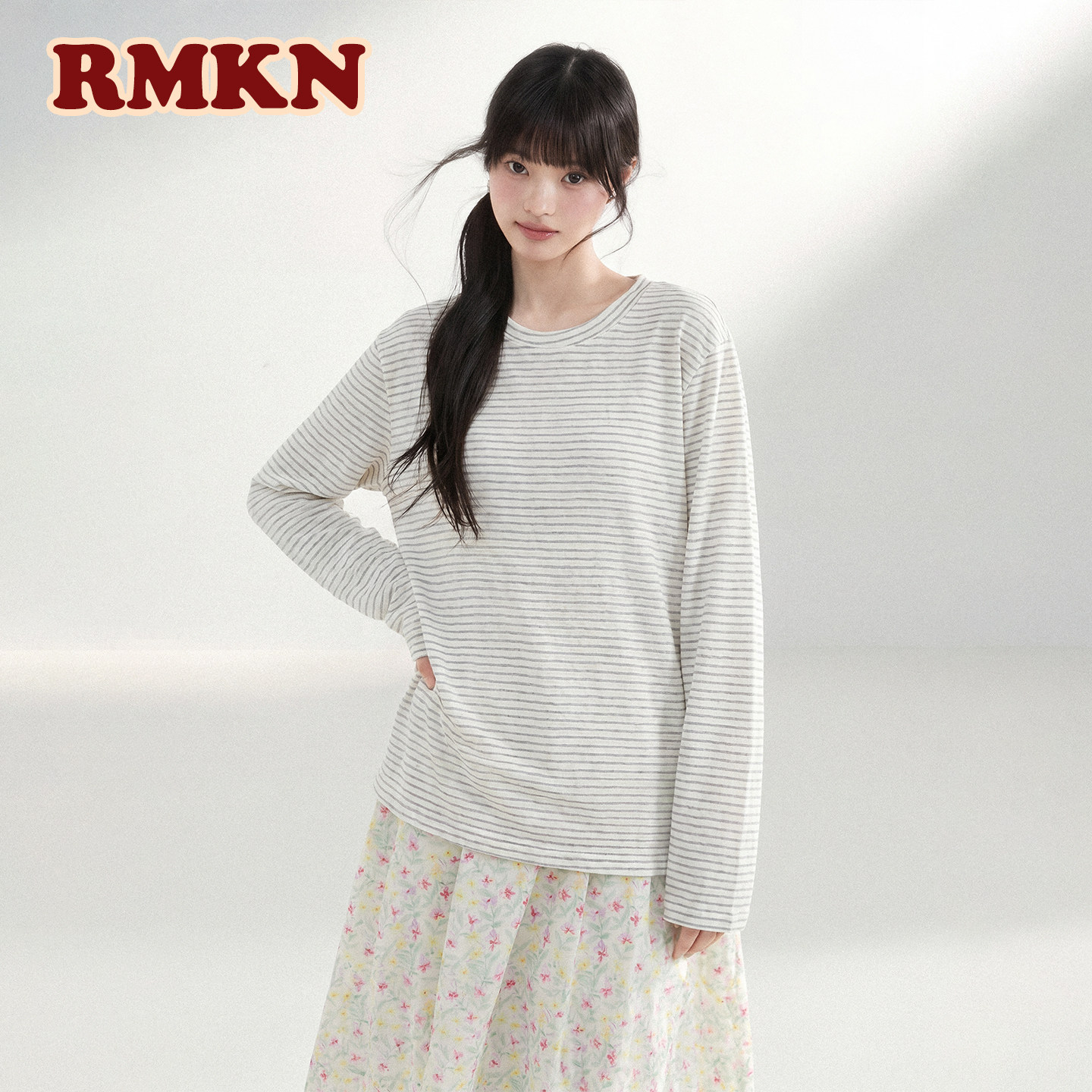 RMKN复古条纹慵懒风休闲秋季松弛感男女百搭圆领长袖T恤打底罩衫图片