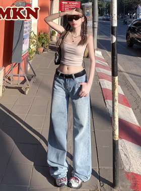RMKN美式复古直筒阔腿裤女春夏窄版低腰显瘦休闲水洗牛仔裤