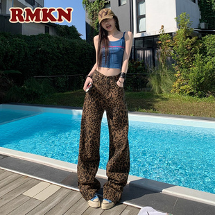 RMKN美式复古豹纹阔腿牛仔裤女高腰显瘦直筒宽松休闲街头拖地裤潮