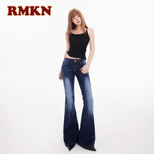 RMKN美式复古时尚怀旧深蓝低腰微喇裤显瘦辣妹弹力修身显瘦牛仔裤