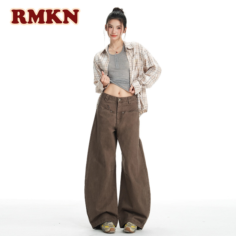 RMKN美拉德棕色裤子女2025秋冬新款美式工装风宽松阔腿弯刀牛仔裤