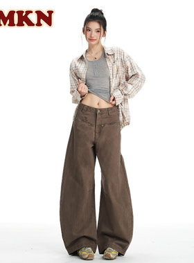 RMKN美拉德棕色裤子女2025秋冬新款美式工装风宽松阔腿弯刀牛仔裤