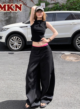 RMKN黑色西装裤女2025夏季薄款高腰垂感弯刀宽松休闲阔腿长裤子