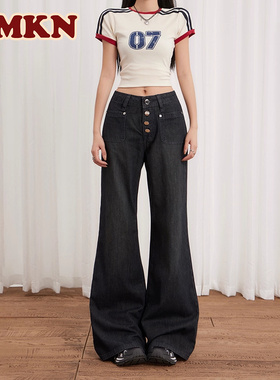 RMKN美式复古多排扣设计微喇牛仔裤女2025新款宽松显瘦拖地喇叭裤