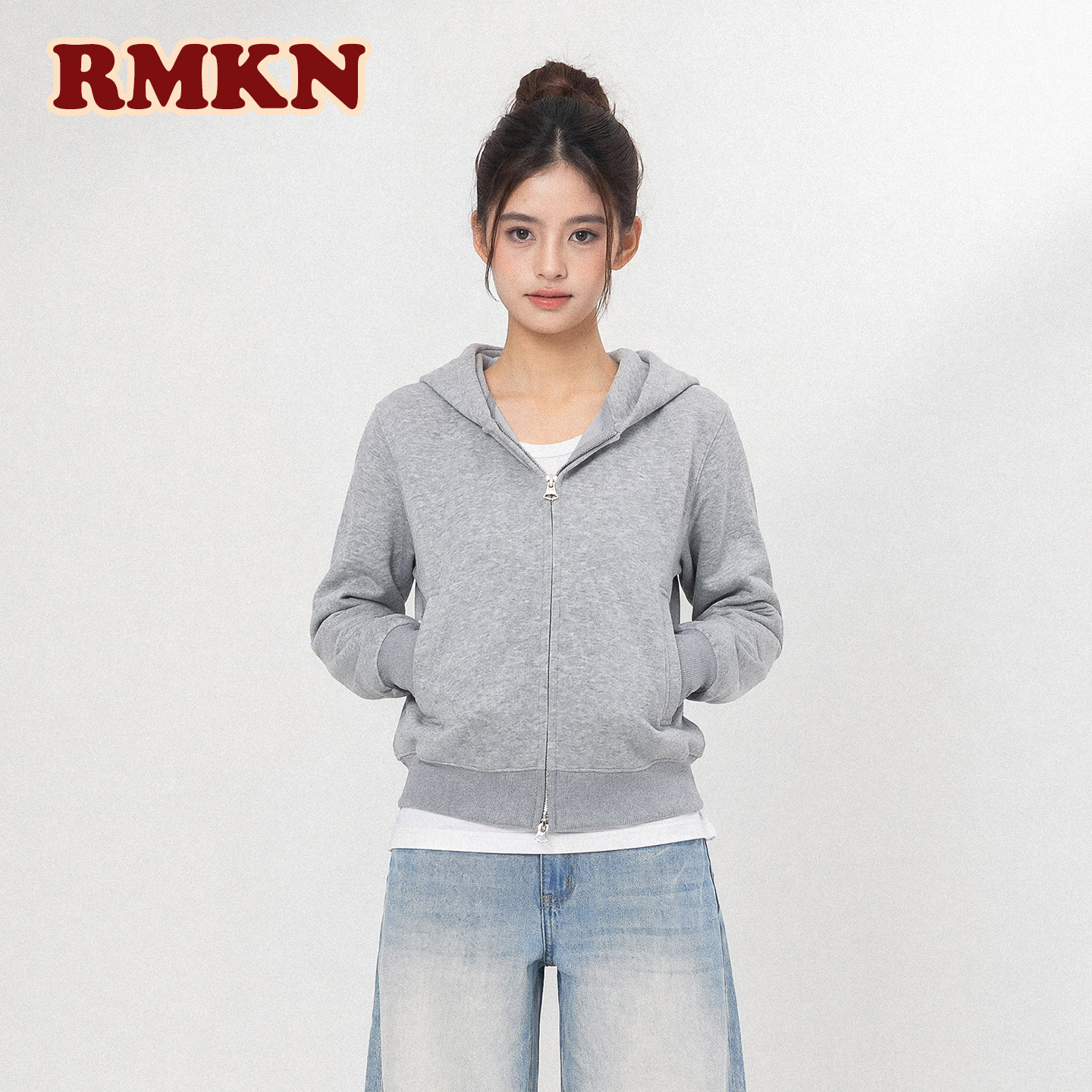 RMKN美式百搭双拉链简约显瘦小众短款运动连帽休闲双拉链卫衣外套图片
