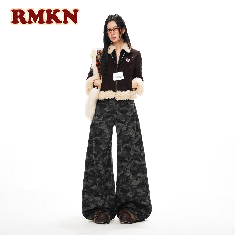RMKN美式复古迷彩工装裤加绒女2025秋冬高腰垂感宽松阔腿牛仔裤