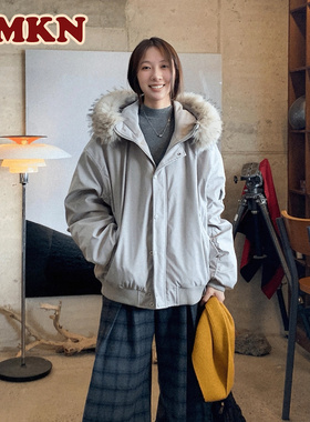 RMKN美式复古毛领加厚棉服女秋冬季宽松保暖情侣派克服棉衣外套