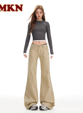 RMKN低腰牛仔裤女卡其色加绒秋季水洗显瘦百搭不贴腿微喇叭裤子