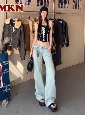 RMKN美式复古浅色低腰直筒牛仔裤女宽松显瘦窄版阔腿拖地裤子