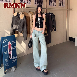 RMKN美式复古浅色低腰直筒牛仔裤女宽松显瘦窄版阔腿拖地裤子