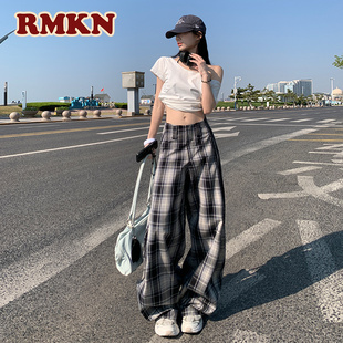 RMKN美式复古格子慵懒风休闲裤女夏季阔腿宽松拖地显瘦裤子ins潮