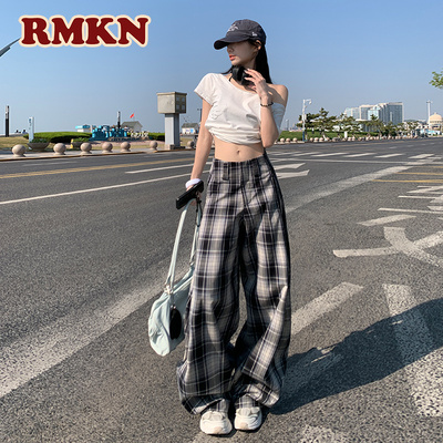 RMKN美式复古格子慵懒风休闲裤女夏季阔腿宽松拖地显瘦裤子ins潮