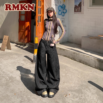 RMKN美式复古弯刀原牛阔腿牛仔裤女2025春秋高腰直筒垂感拖地裤