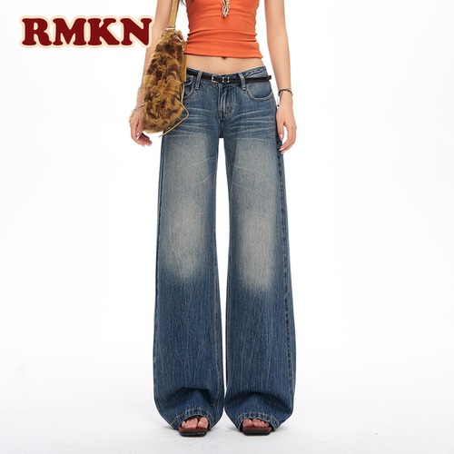 RMKN美式复古低腰直筒牛仔裤女夏季提臀扎染水洗显瘦阔腿拖地裤