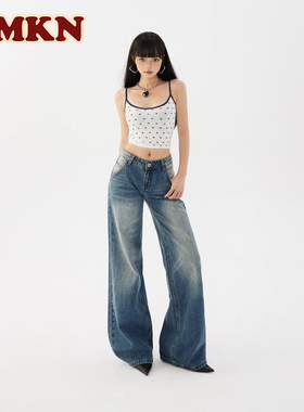 RMKN美式复古斜插口袋设计低腰牛仔裤女秋宽松显瘦百搭宽版喇叭裤