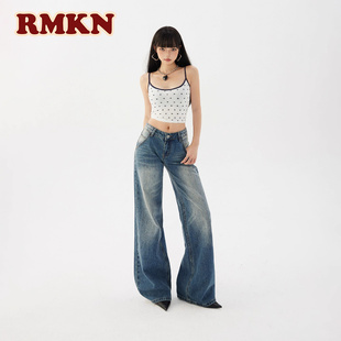 RMKN美式复古斜插口袋设计低腰牛仔裤女秋宽松显瘦百搭宽版喇叭裤