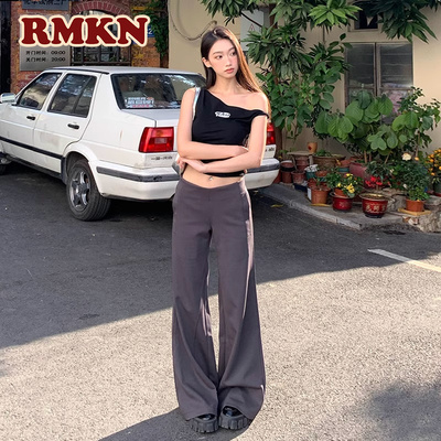 RMKN美式复古不贴腿微喇休闲裤女宽松高腰弹力垂感拖地马蹄西裤