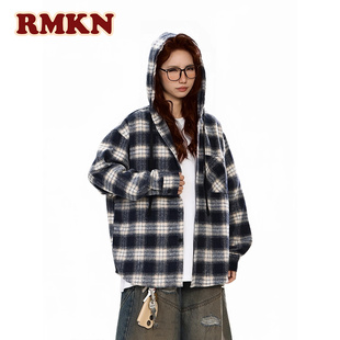RMKN美式复古连帽格子长袖衬衫男女磨毛宽松情侣衬衣女上衣外套